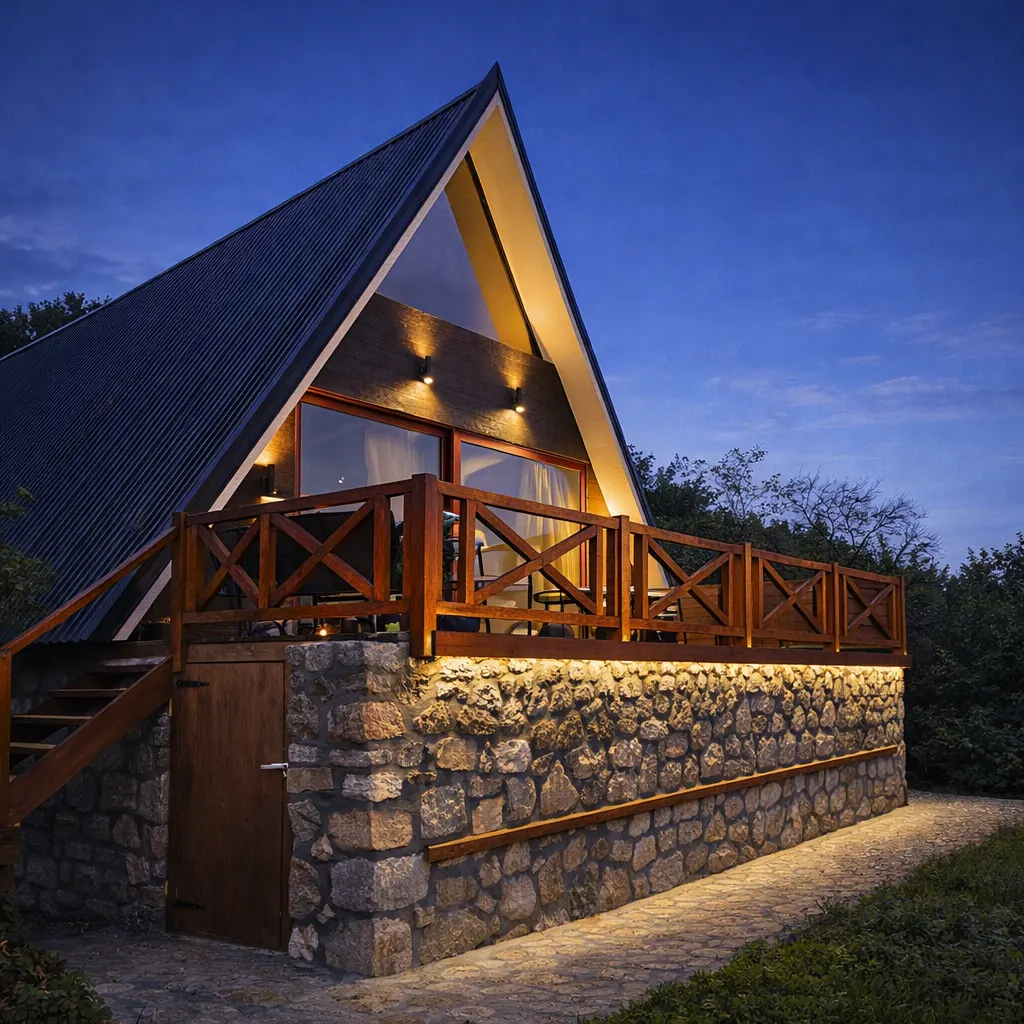 Exterior of the A House & Spa A-frame cottage at dusk