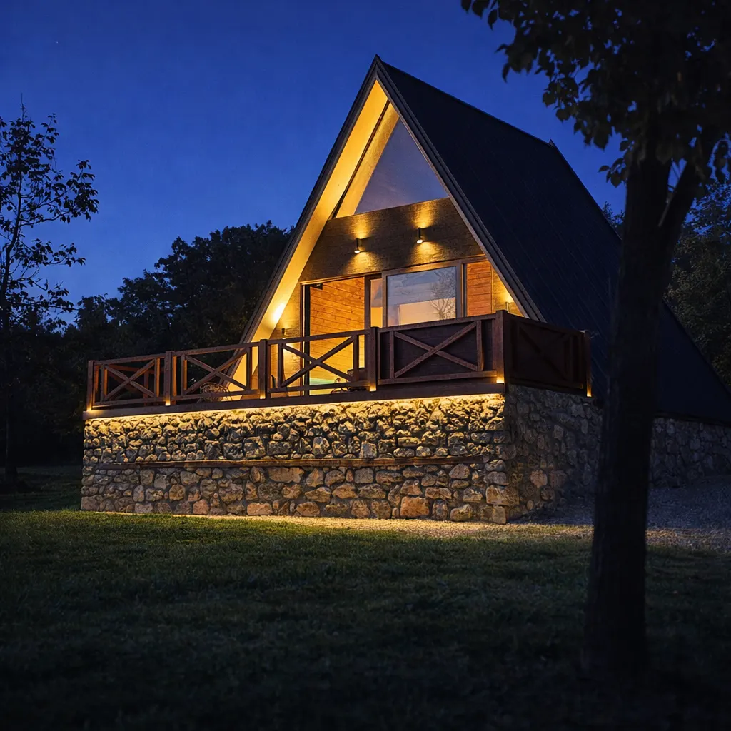 A House & Spa cottage in the evening, lit triangular gable and terrace