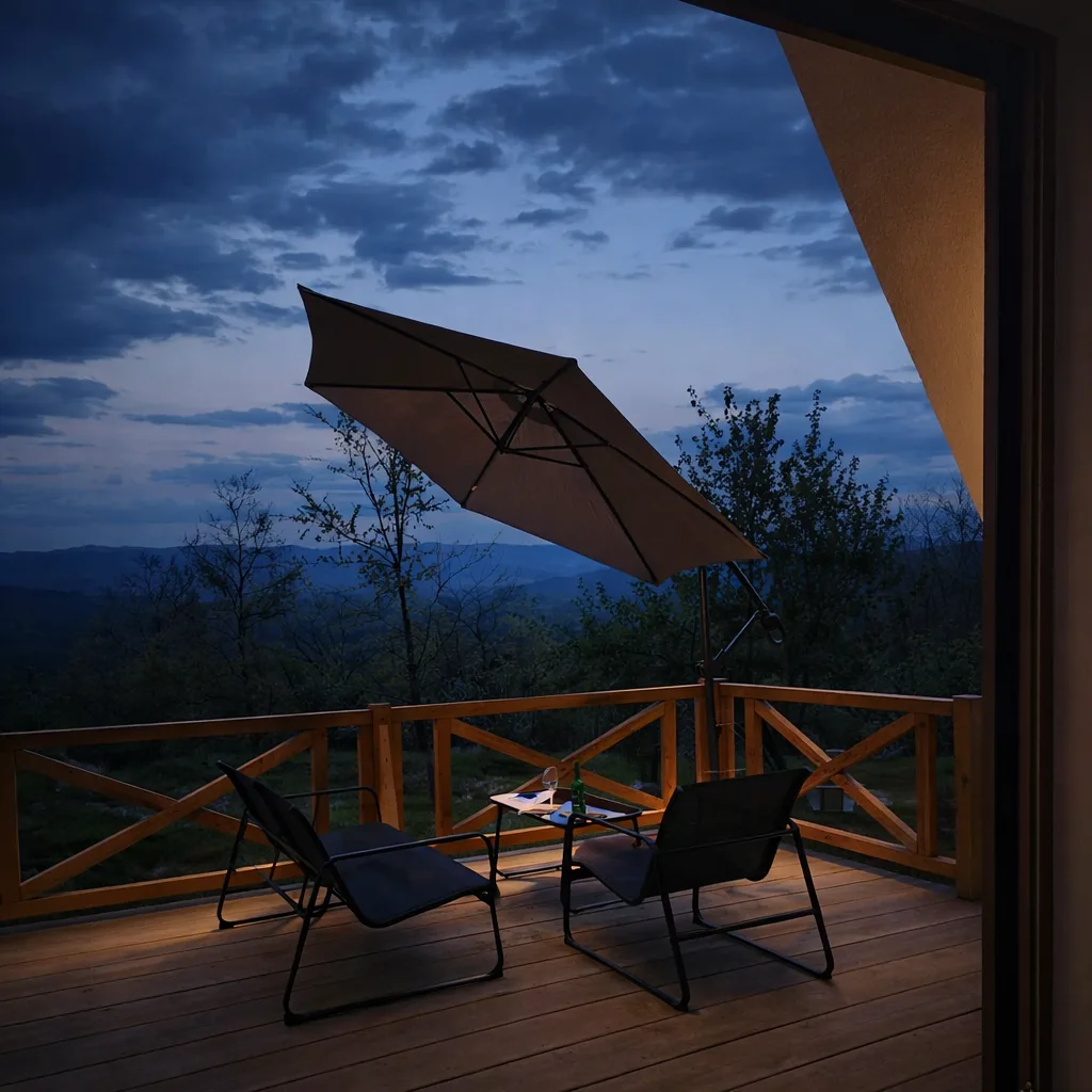 Terrace with seating and a view of Šumadija at dusk