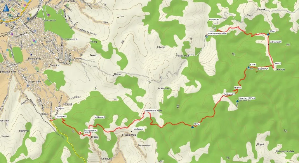 Mapa obeležene planinarske staze Žeželj – Bešnjaja u okolini Kragujevca