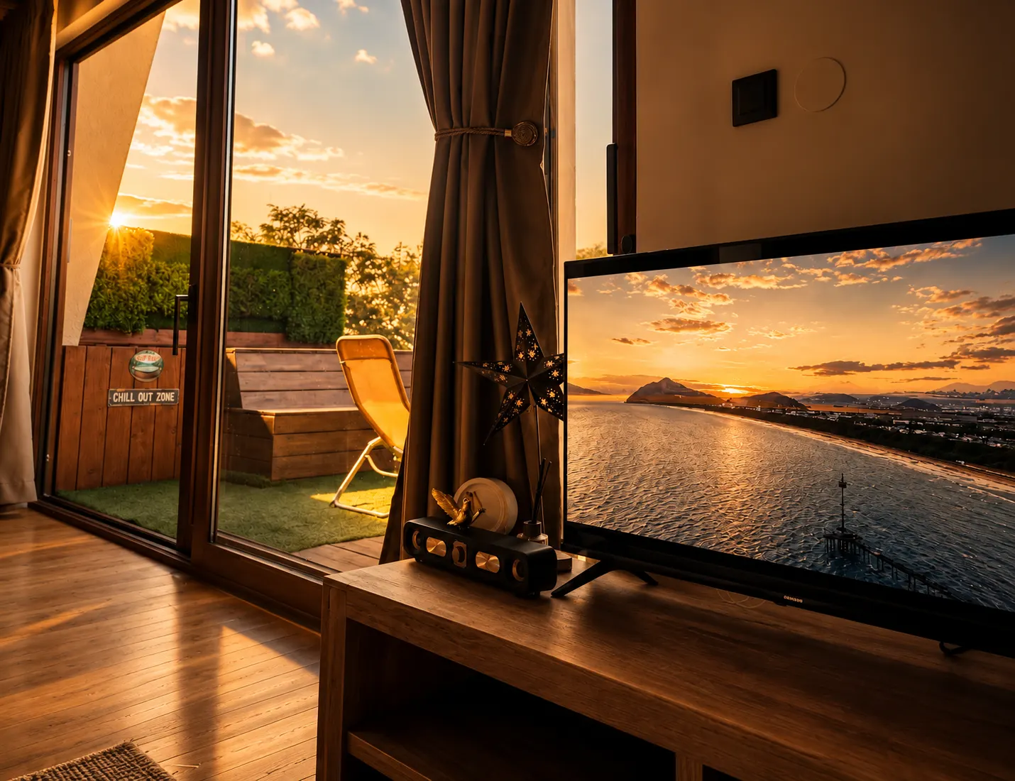 A House & Spa terrace at dusk