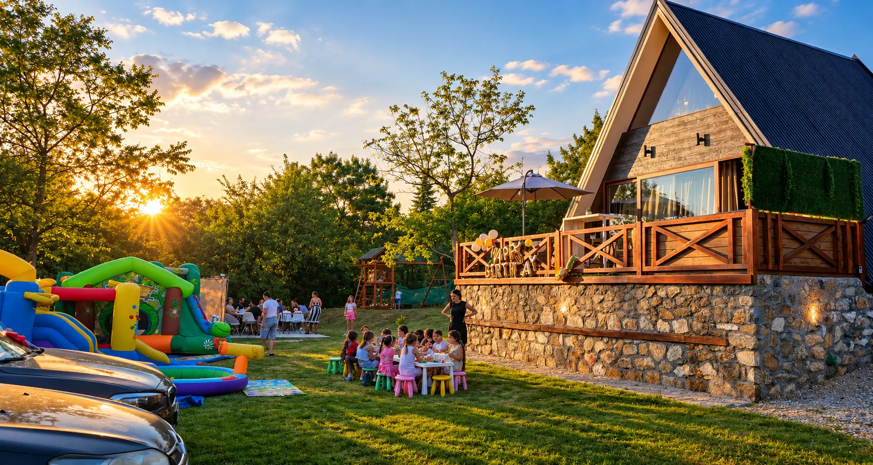 Porodično slavlje u dvorištu A House & Spa vikendice u sumrak